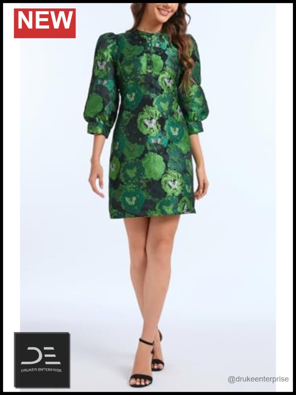 Floral Jacquard Mini Shift Dress 3/4 Sleeve Cocktail Party - Picture 2 of 6
